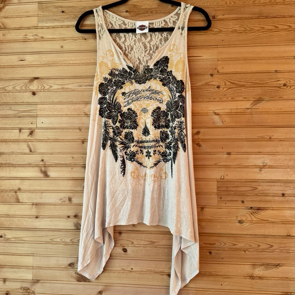 Harley-Davidson Tank Skull Roses Medium Moto Asymmetrical Rhinestones Y2K Baddie